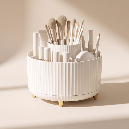 360 Rotating Makeup Organizer holding brushes and cosmetics