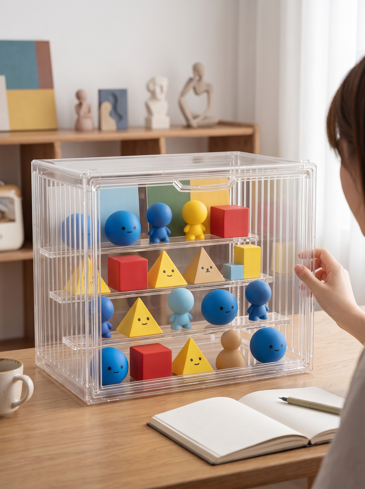 Clear acrylic display case with collectible figures
