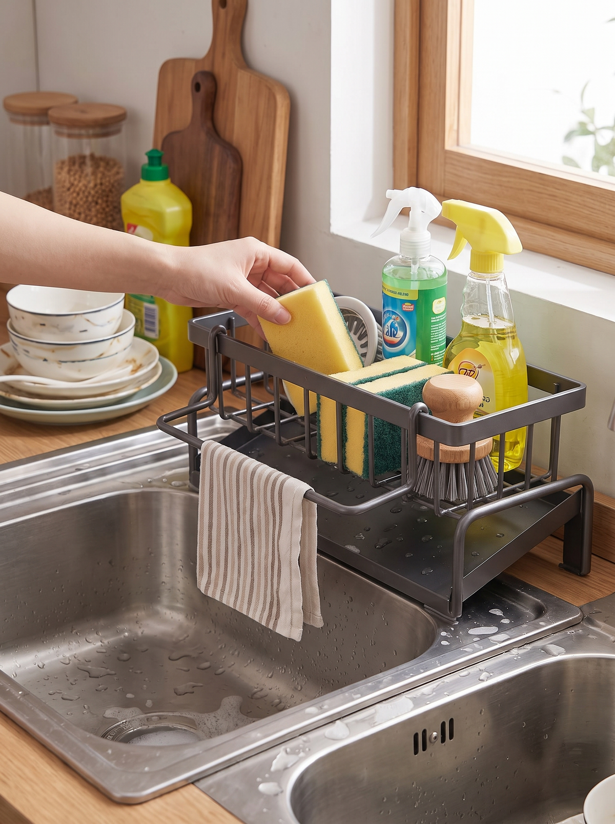 Sink rack set in place without tools