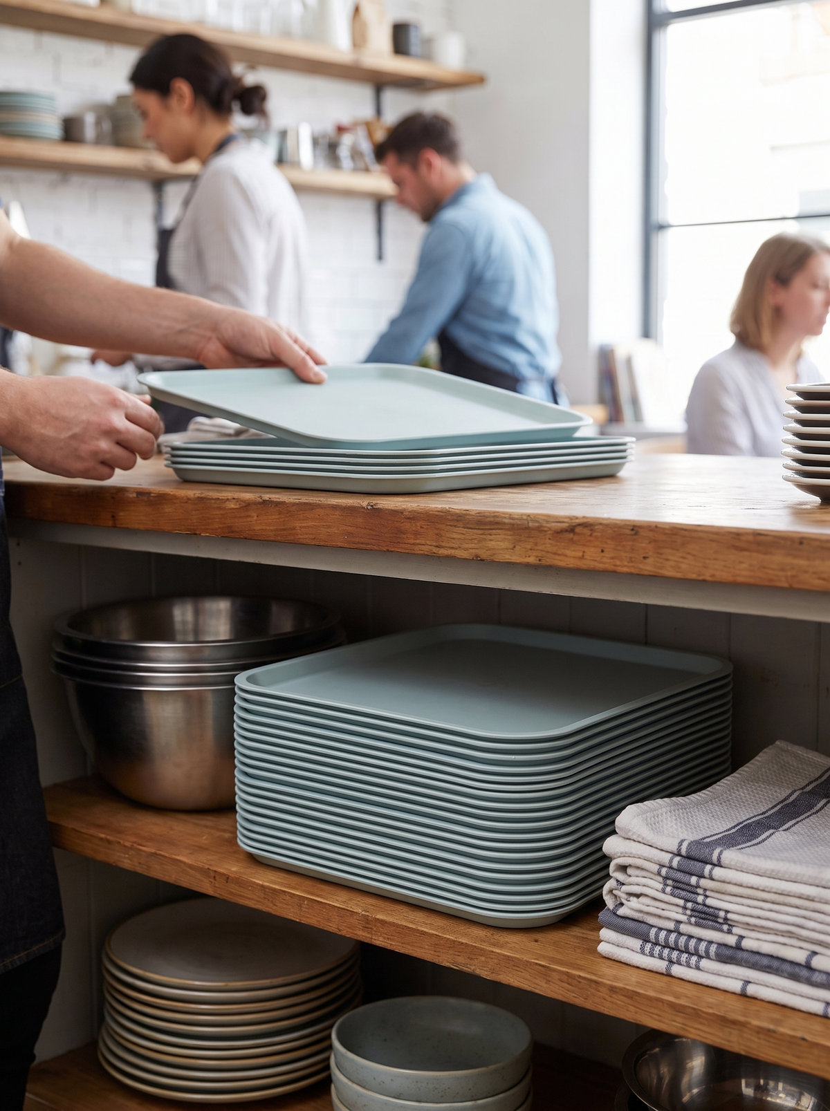 Trays stacked away on a shelf