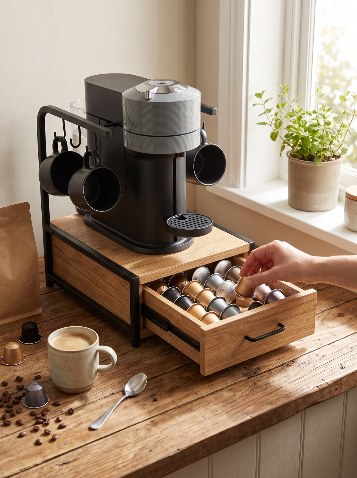 Coffee corner kept tidy on the counter