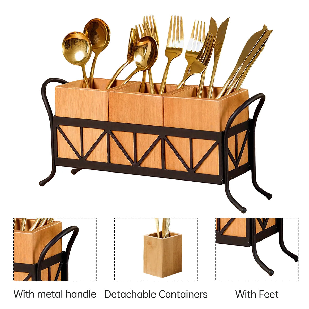 3-Compartment Bamboo Utensil Caddy