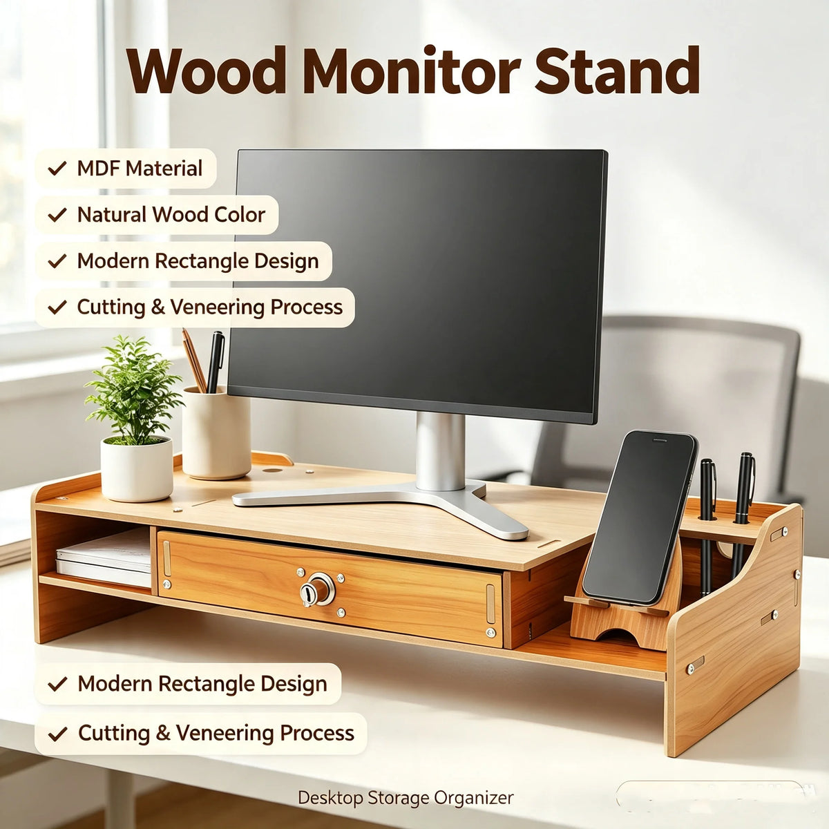 Wooden Monitor Stand with Drawer