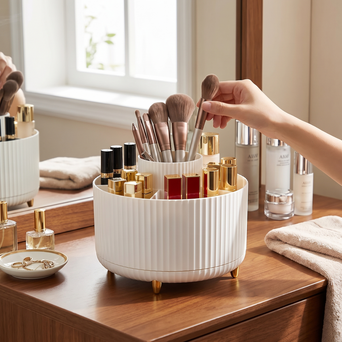 360 Rotating Makeup Organizer in use