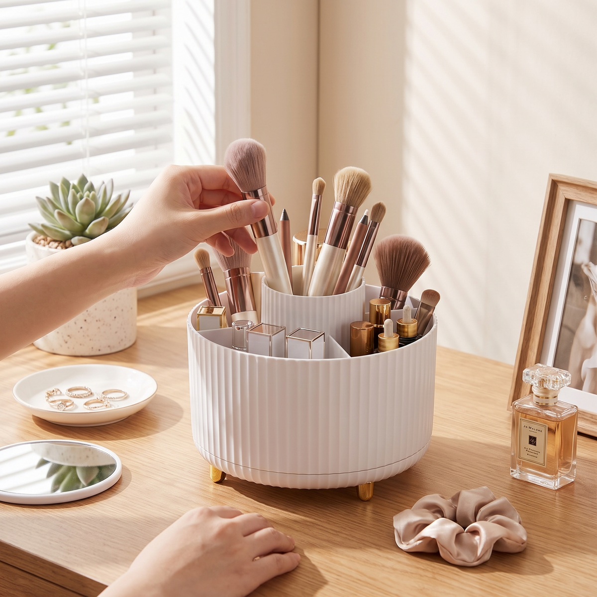 360 Rotating Makeup Organizer in use
