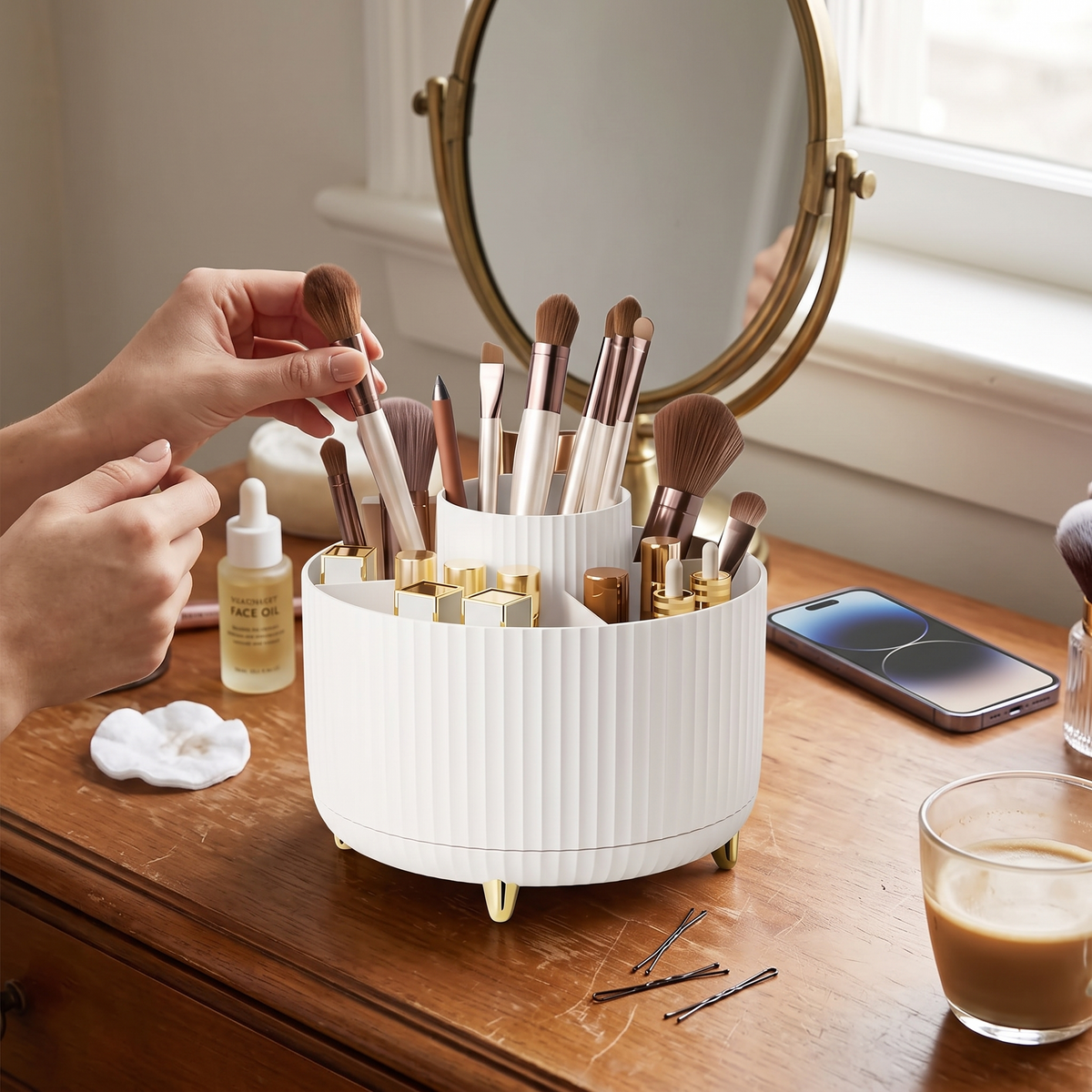 360 Rotating Makeup Organizer in use