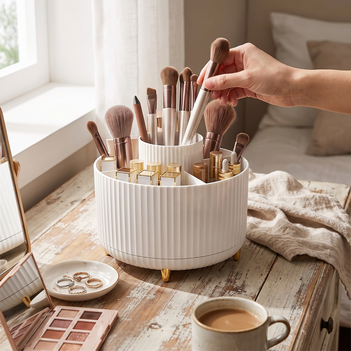 360 Rotating Makeup Organizer in use