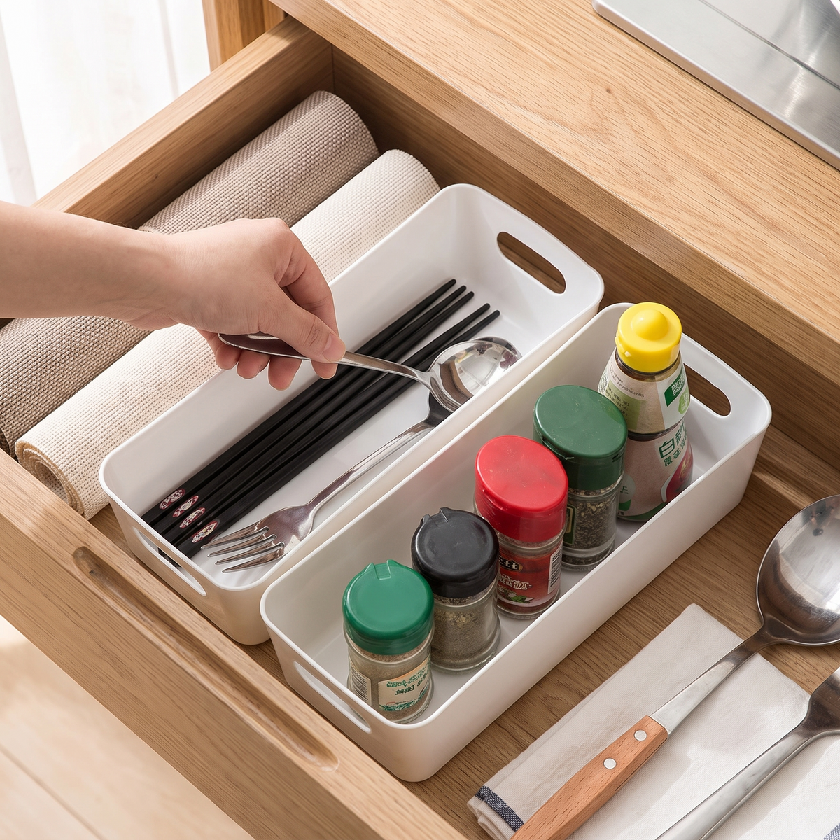 Multifunctional storage box in use