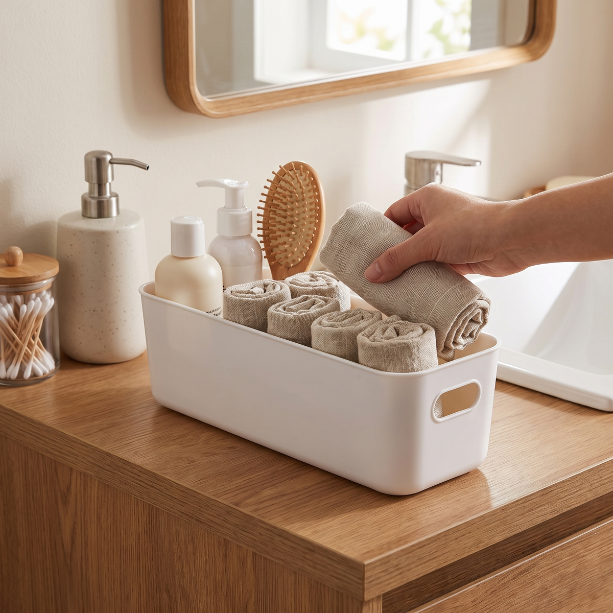 Multifunctional storage box in use