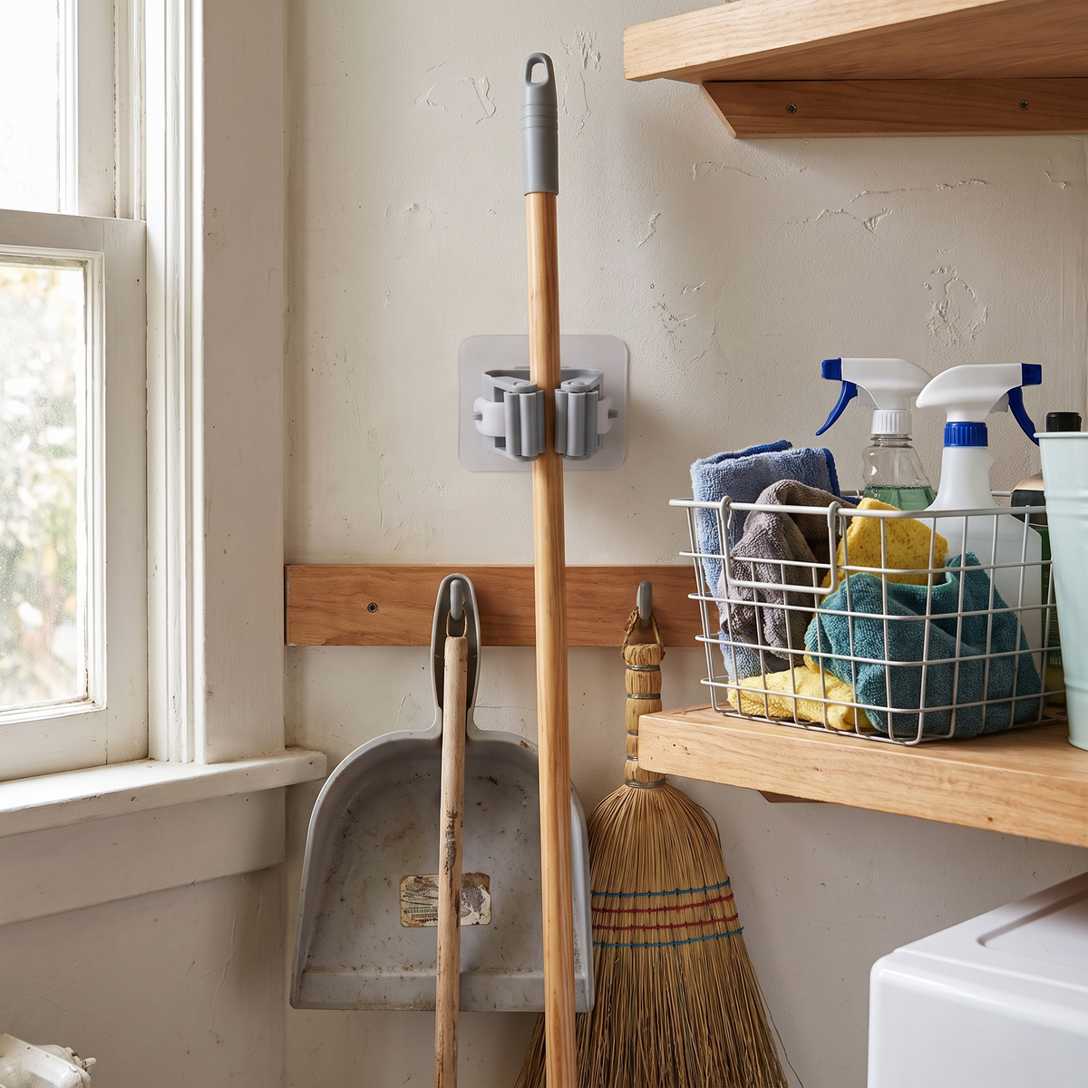 Adhesive wall mop and broom rack in use