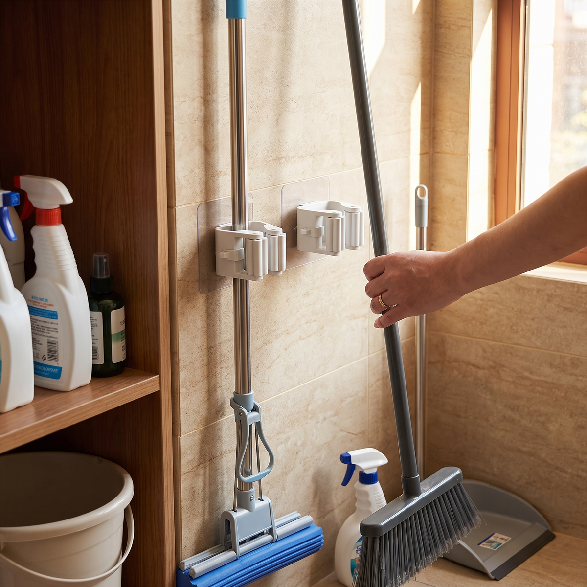 Adhesive wall mop and broom rack in use