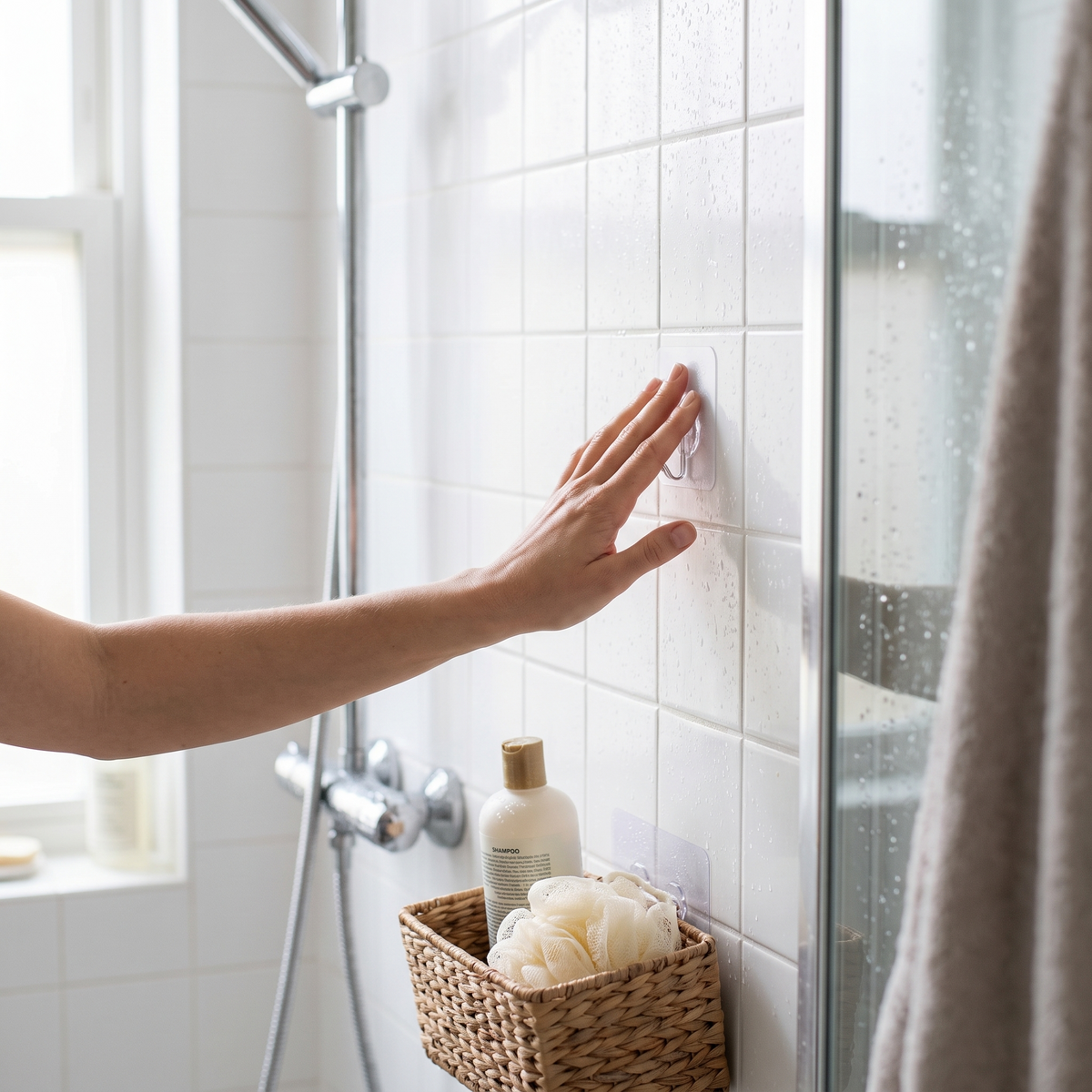 Adhesive wall mop and broom rack in use