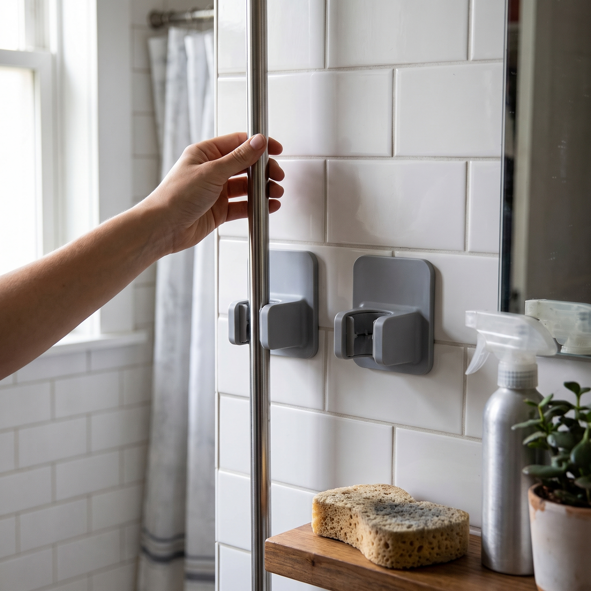 Adhesive wall mop and broom rack in use