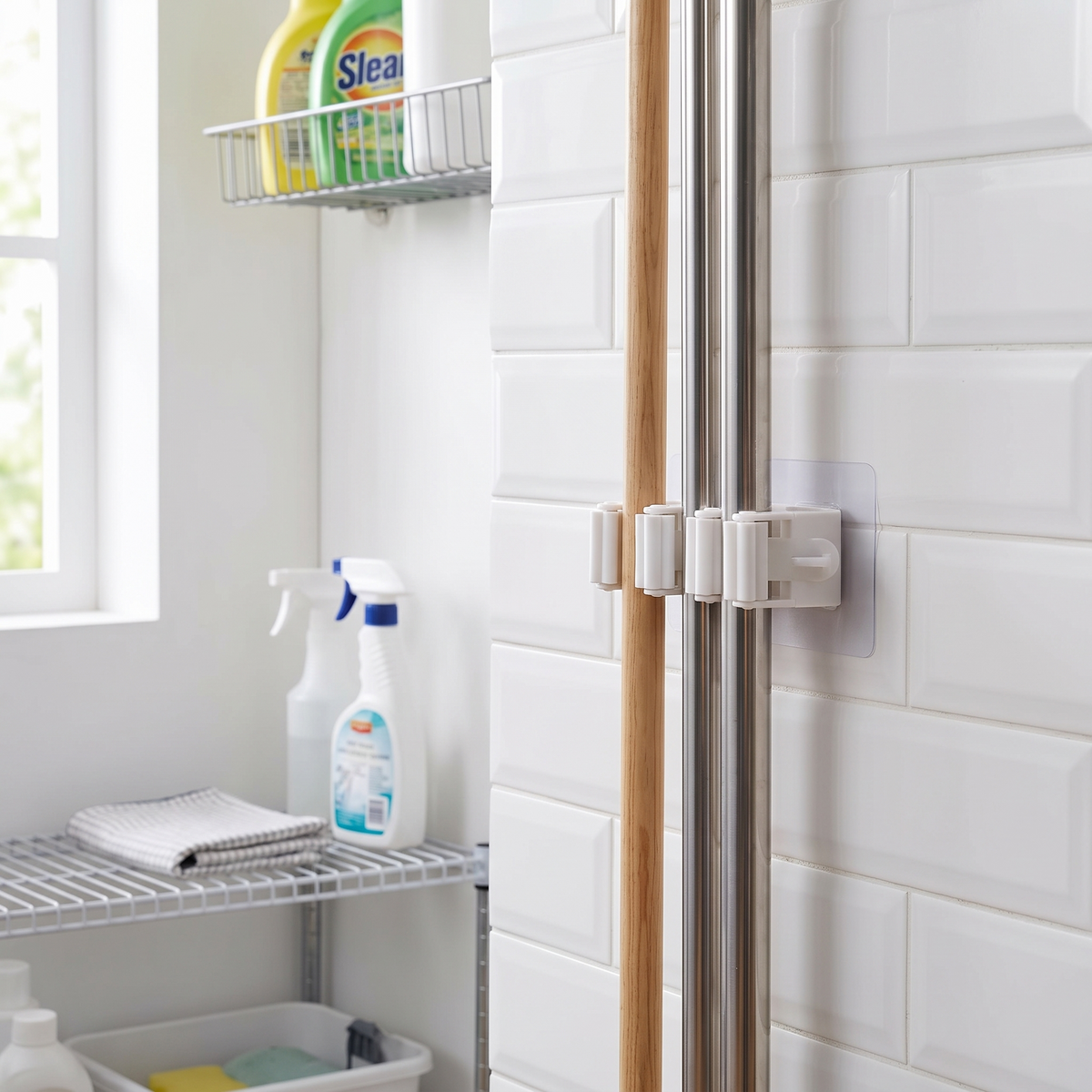 Adhesive wall mop and broom rack in use