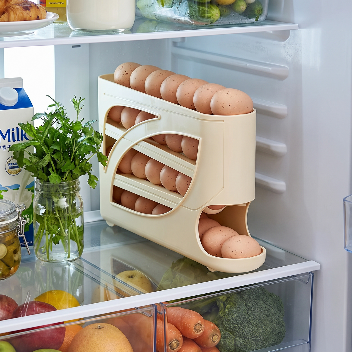 4-Tier sliding egg dispenser in use