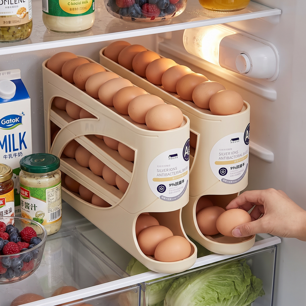 4-Tier sliding egg dispenser in use