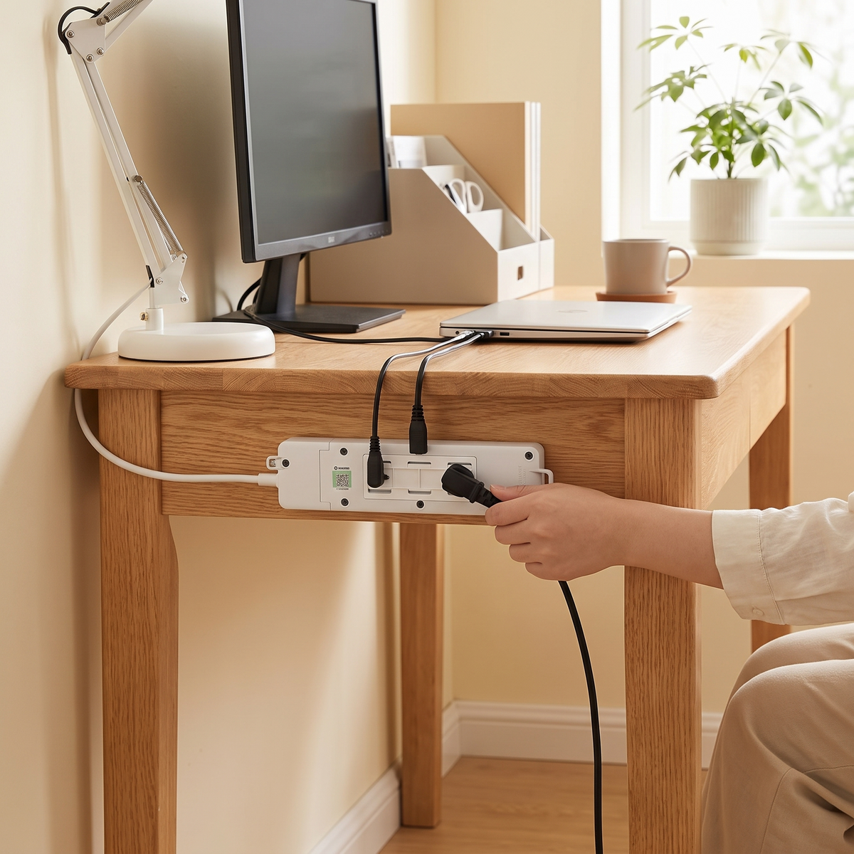 Self-adhesive desktop socket fixer in use