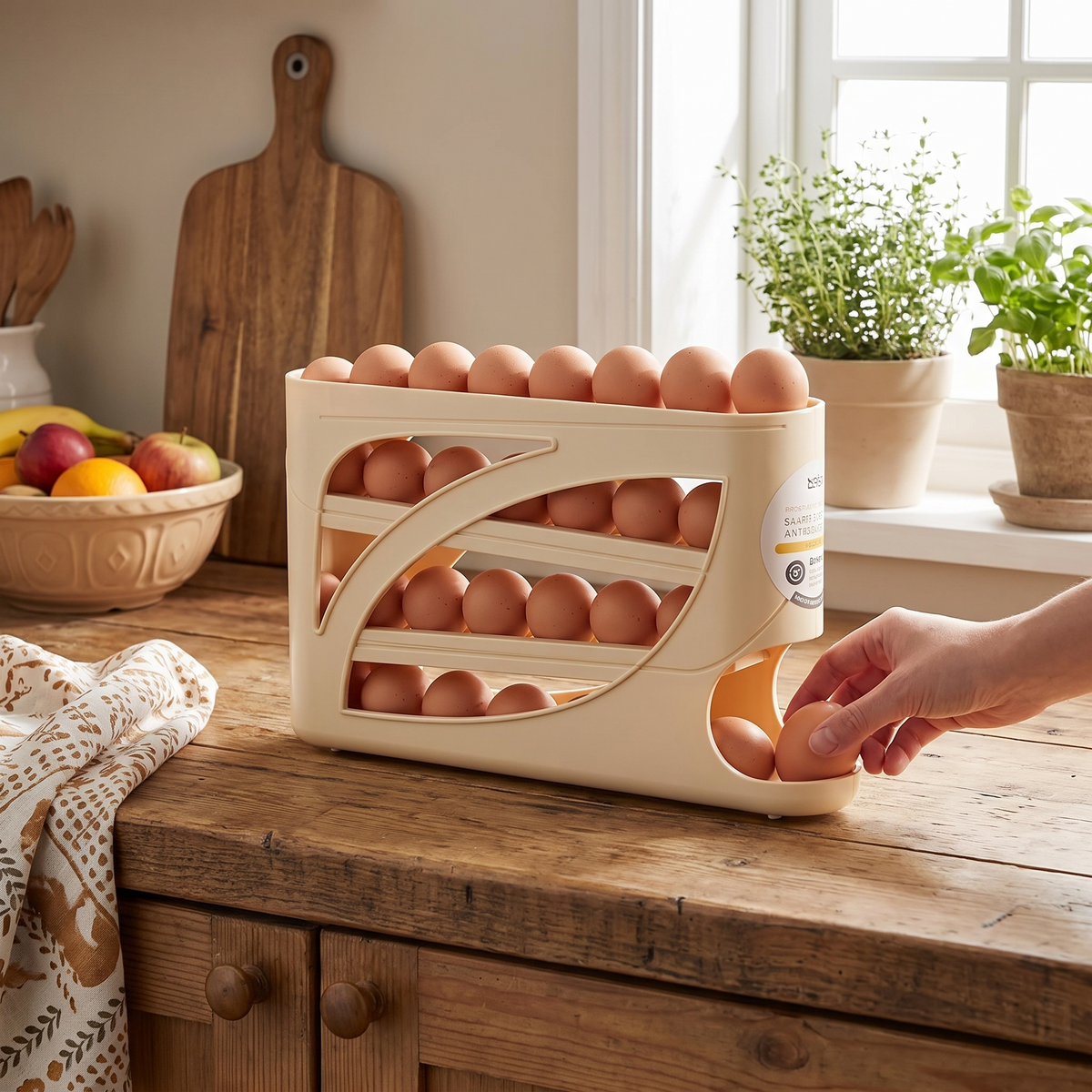 4-Tier sliding egg dispenser in use
