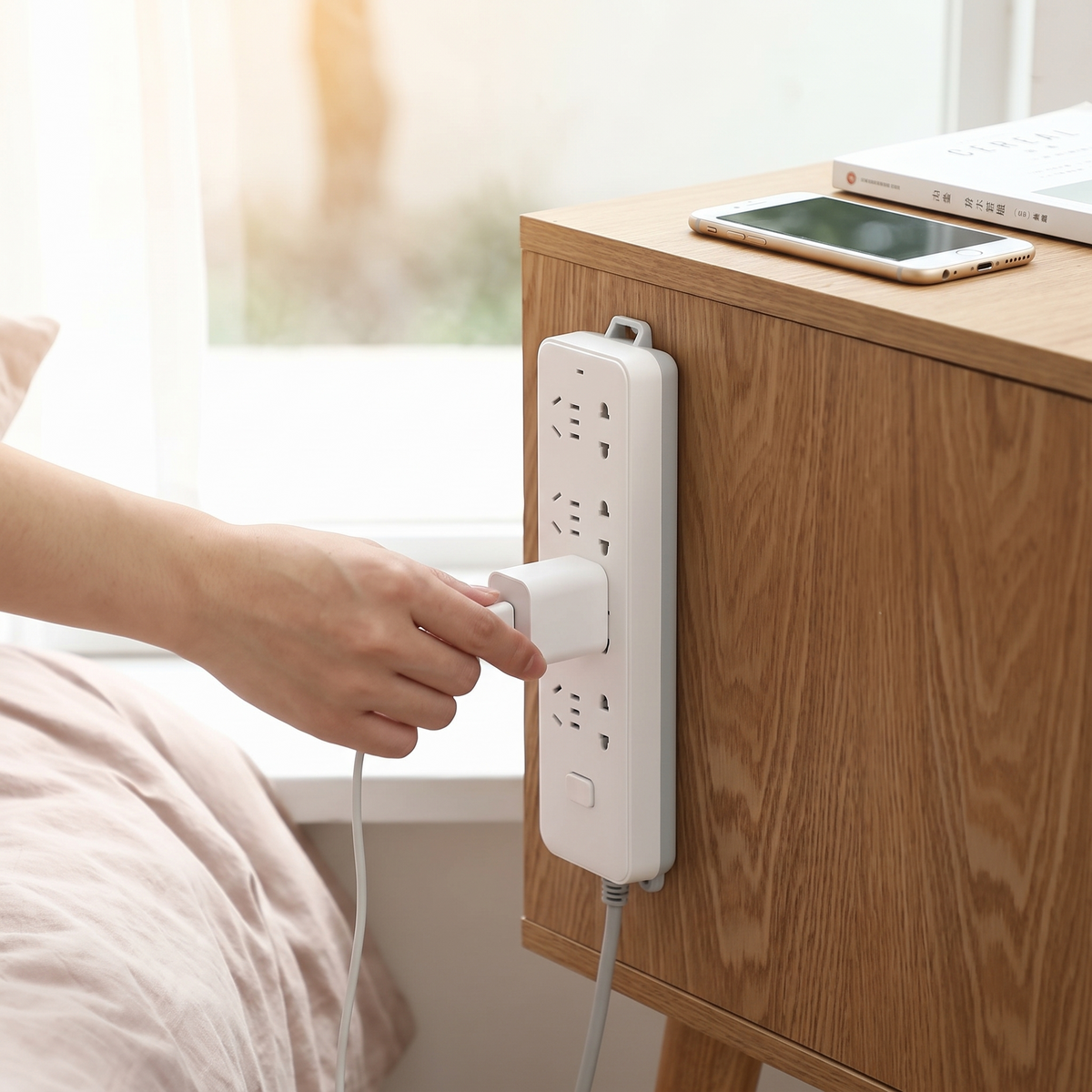 Self-adhesive desktop socket fixer in use