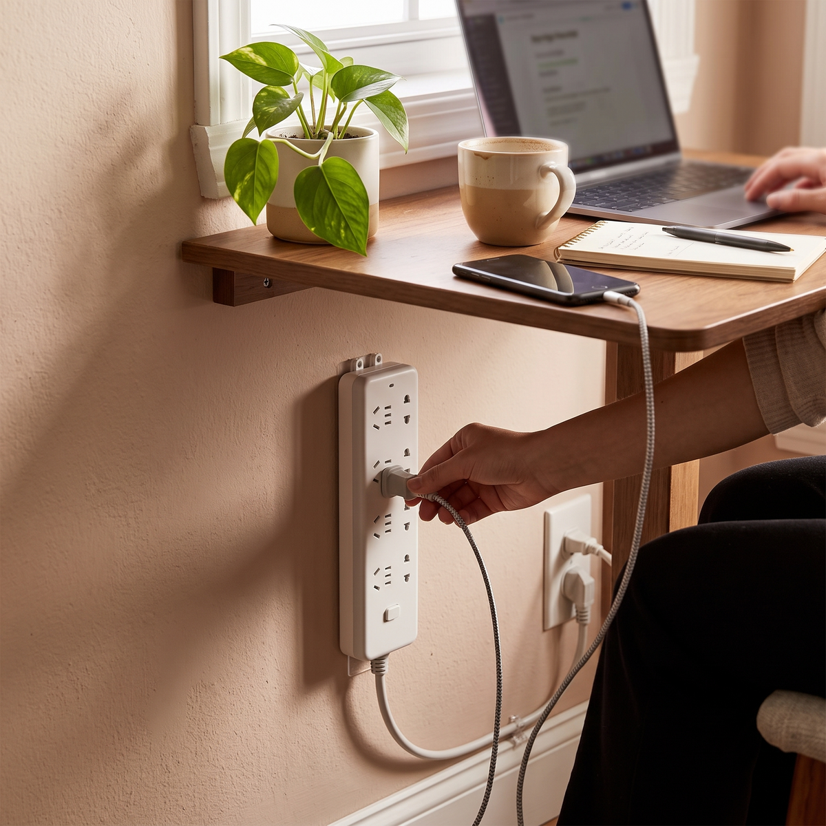 Self-adhesive desktop socket fixer in use