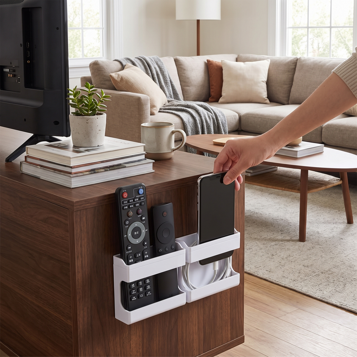 Wall-mounted remote control organizer in use