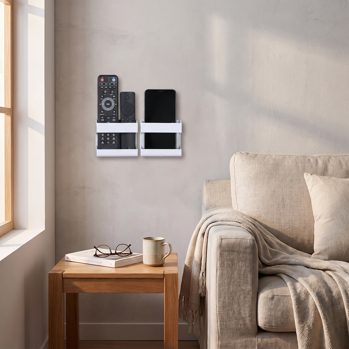 Wall-mounted remote control organizer in use