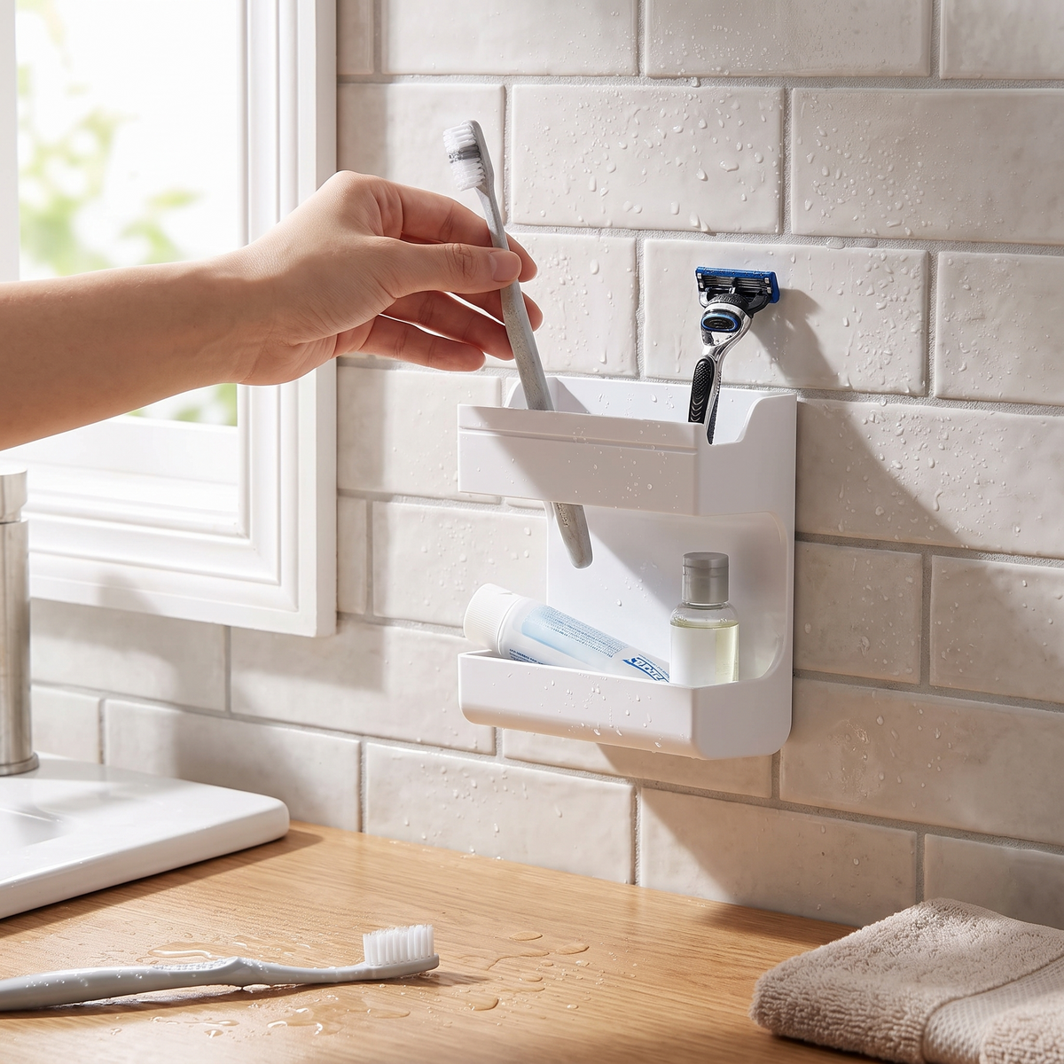 Wall-mounted remote control organizer in use