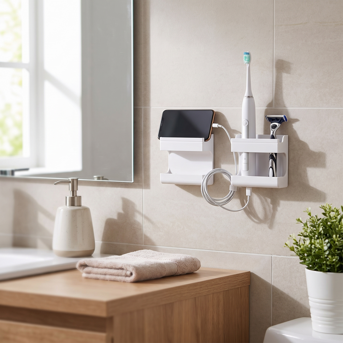 Wall-mounted remote control organizer in use