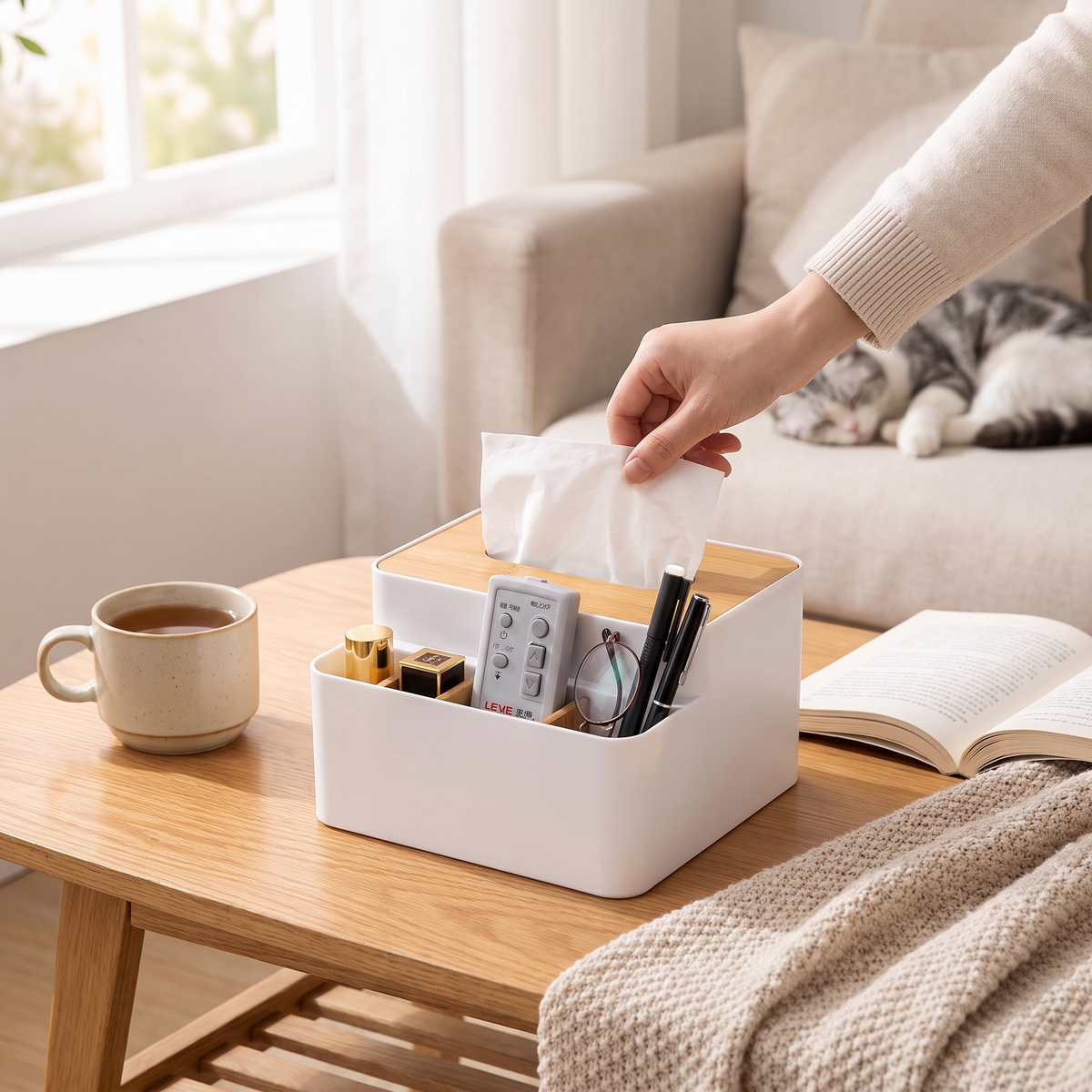 Desktop storage box for remote controls in use