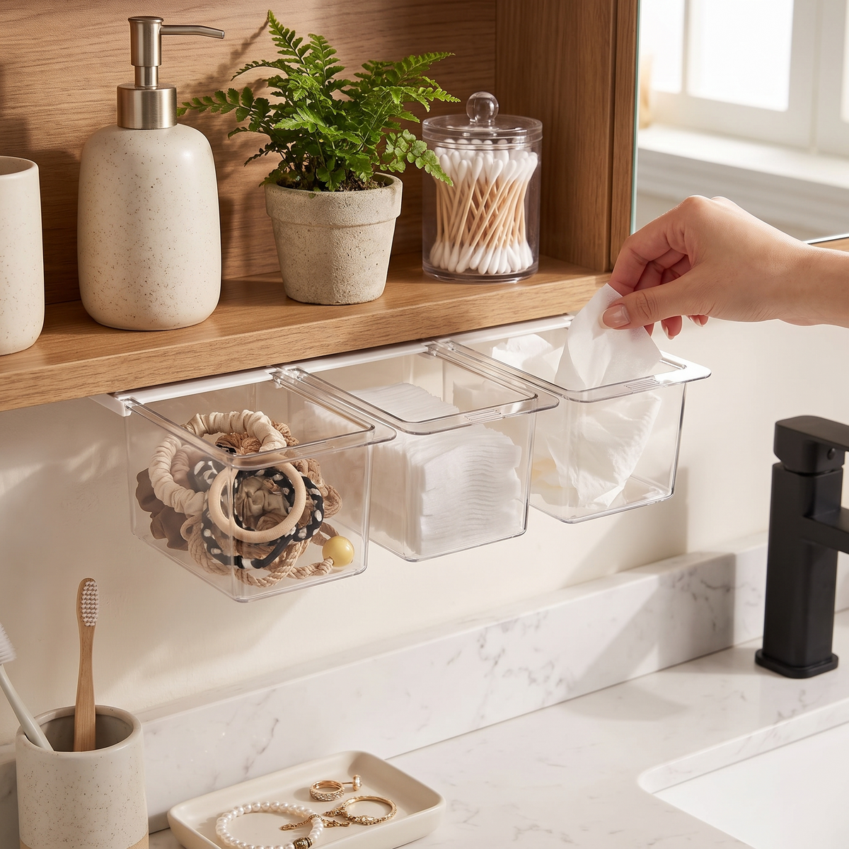 Transparent bathroom cotton swab organizer in use