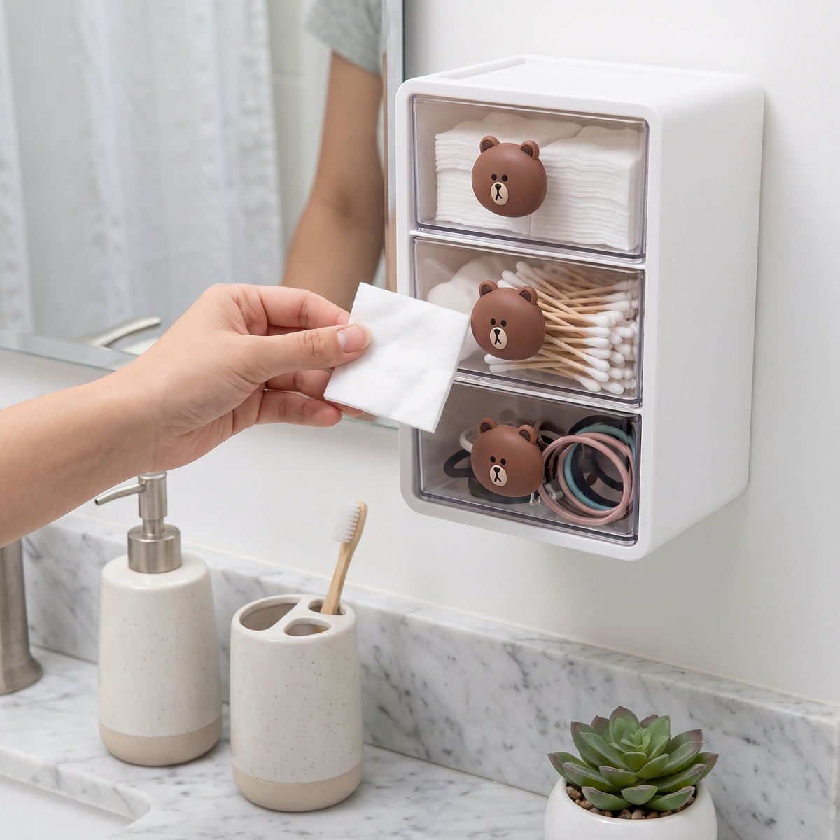 Transparent bathroom cotton swab organizer in use