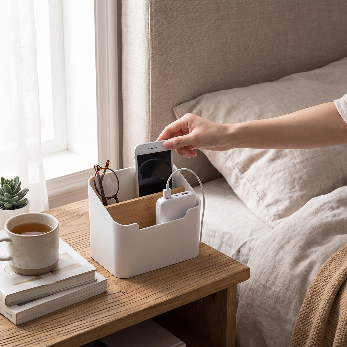 Desktop storage box for remote controls in use