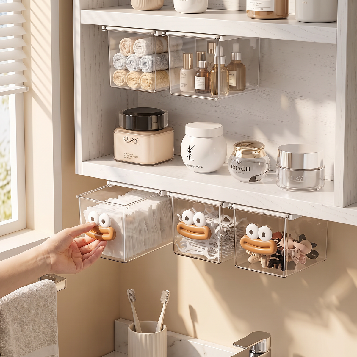 Transparent bathroom cotton swab organizer in use