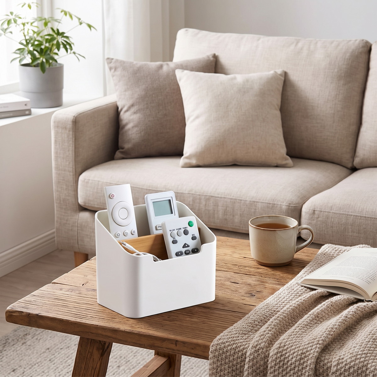 Desktop storage box for remote controls in use