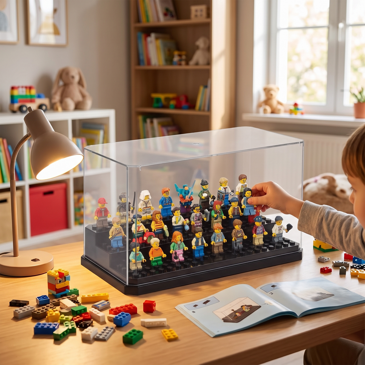 Acrylic minifigures display case in use