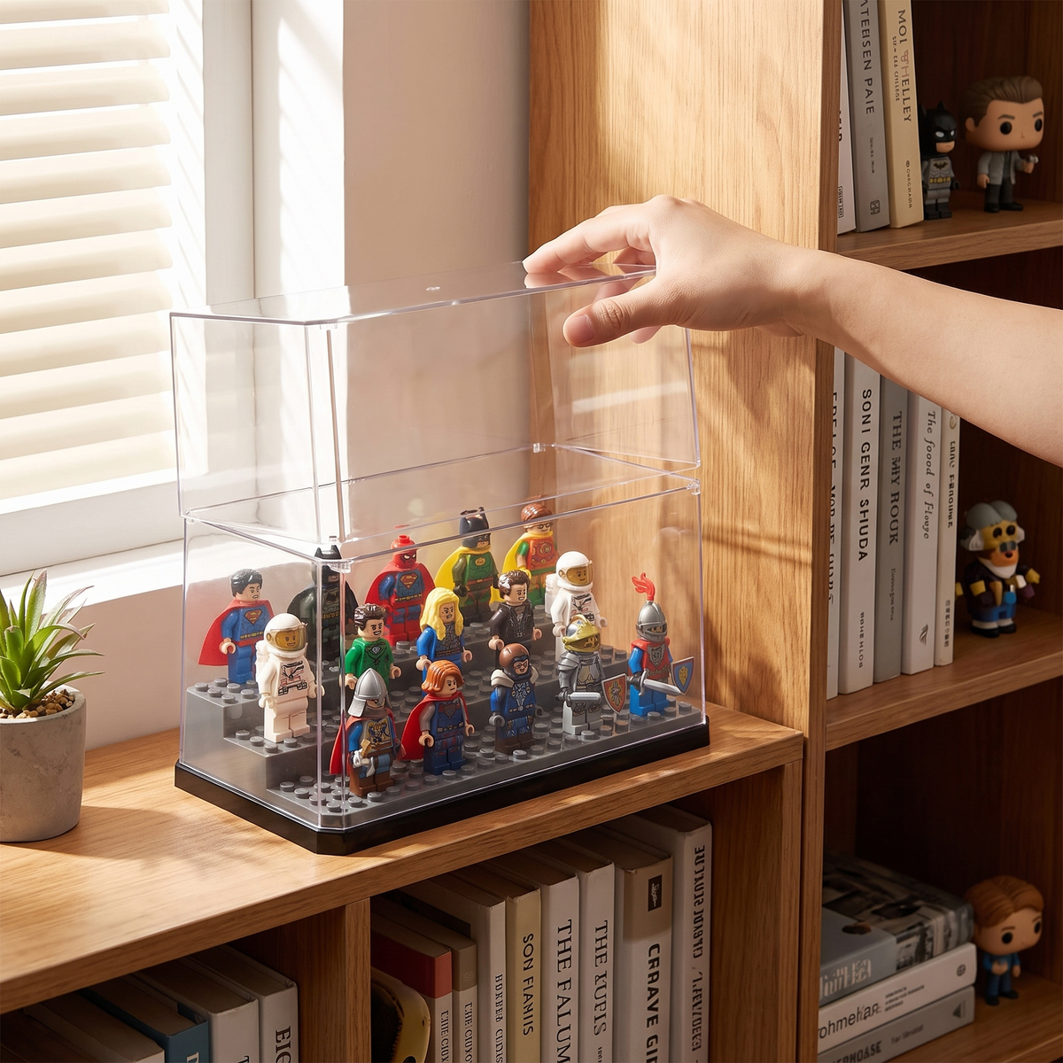 Acrylic minifigures display case in use