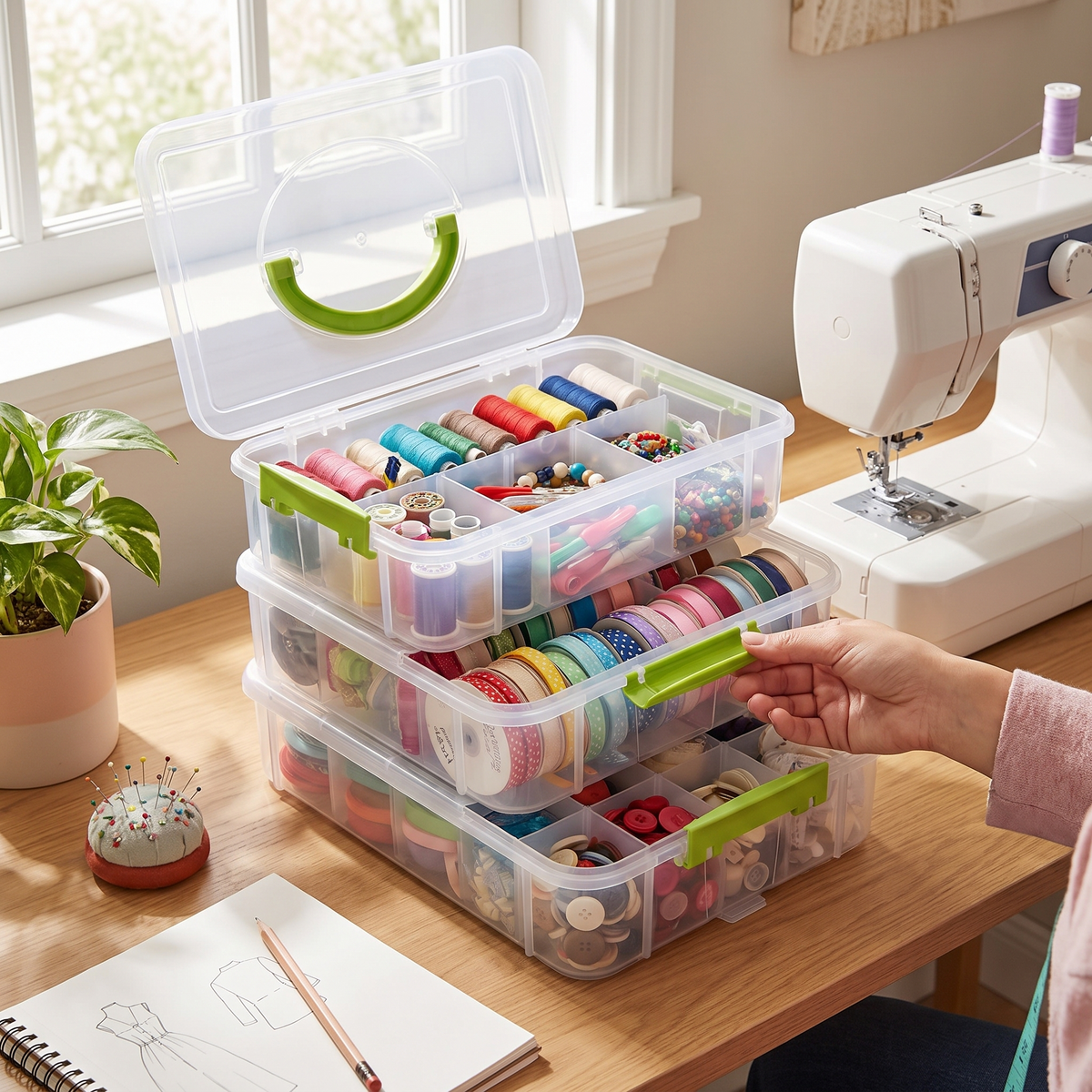 Extra large 4-tier stackable storage box in use