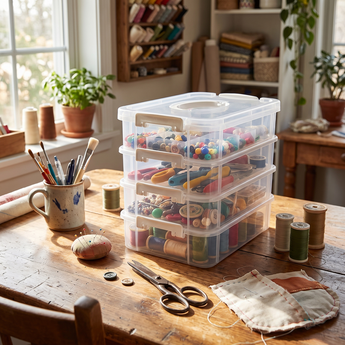 Extra large 4-tier stackable storage box in use