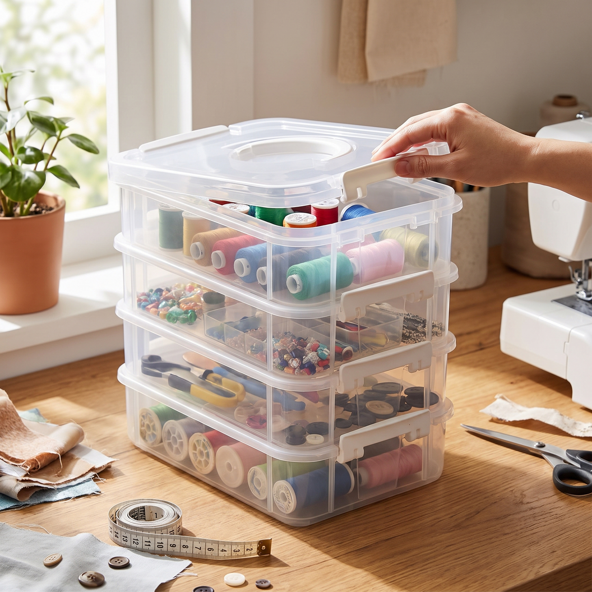 Extra large 4-tier stackable storage box in use