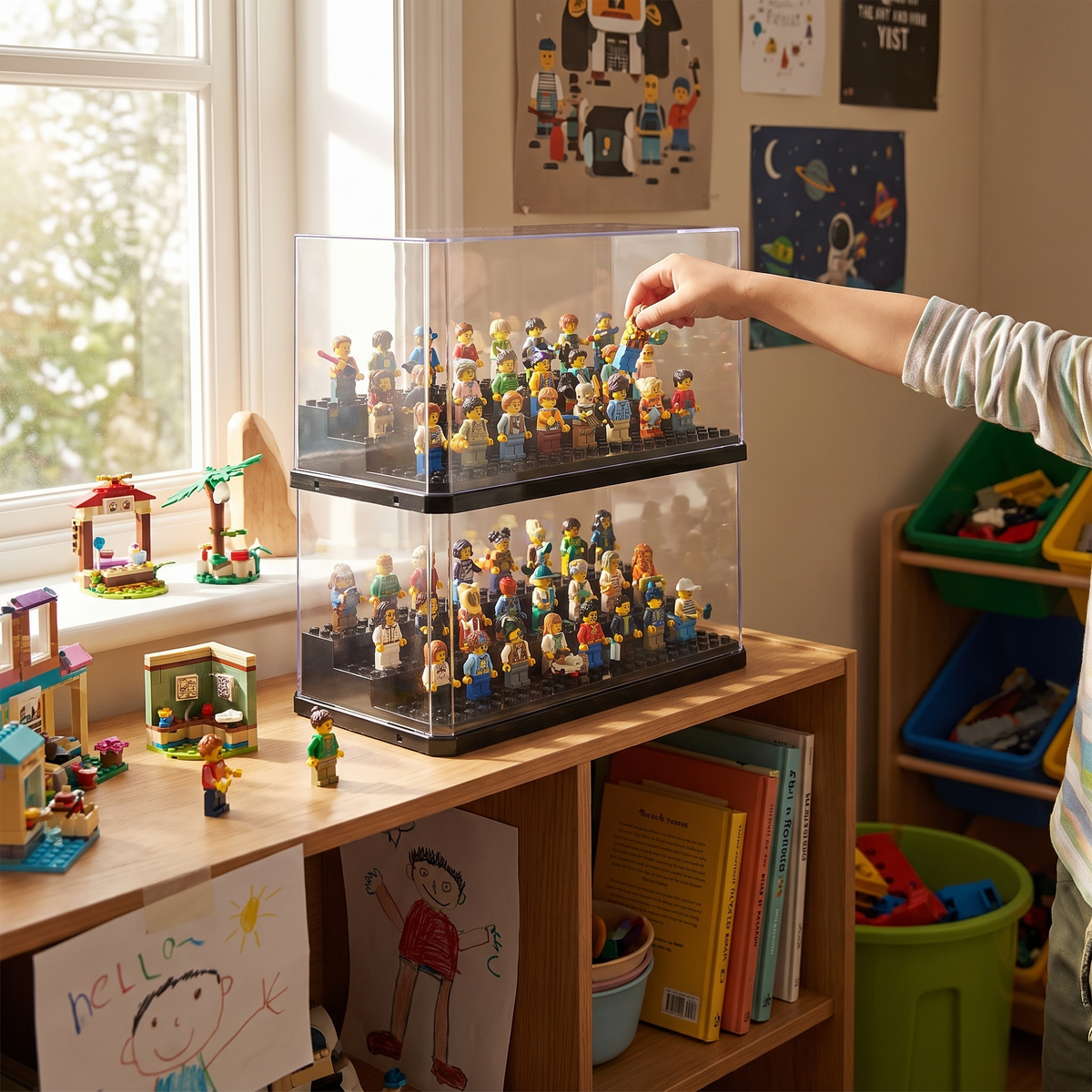 Acrylic minifigures display case in use