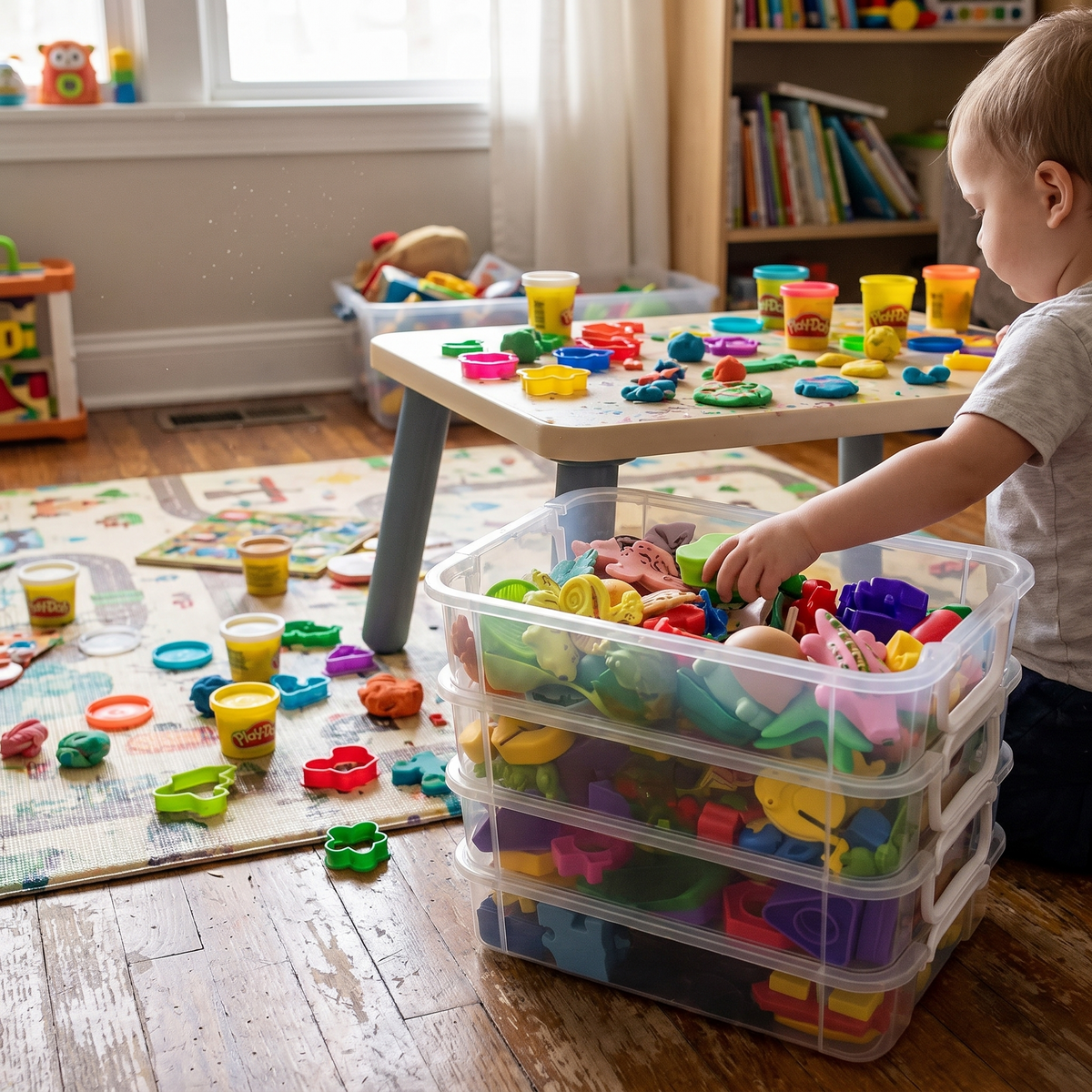 Extra large 4-tier stackable storage box in use
