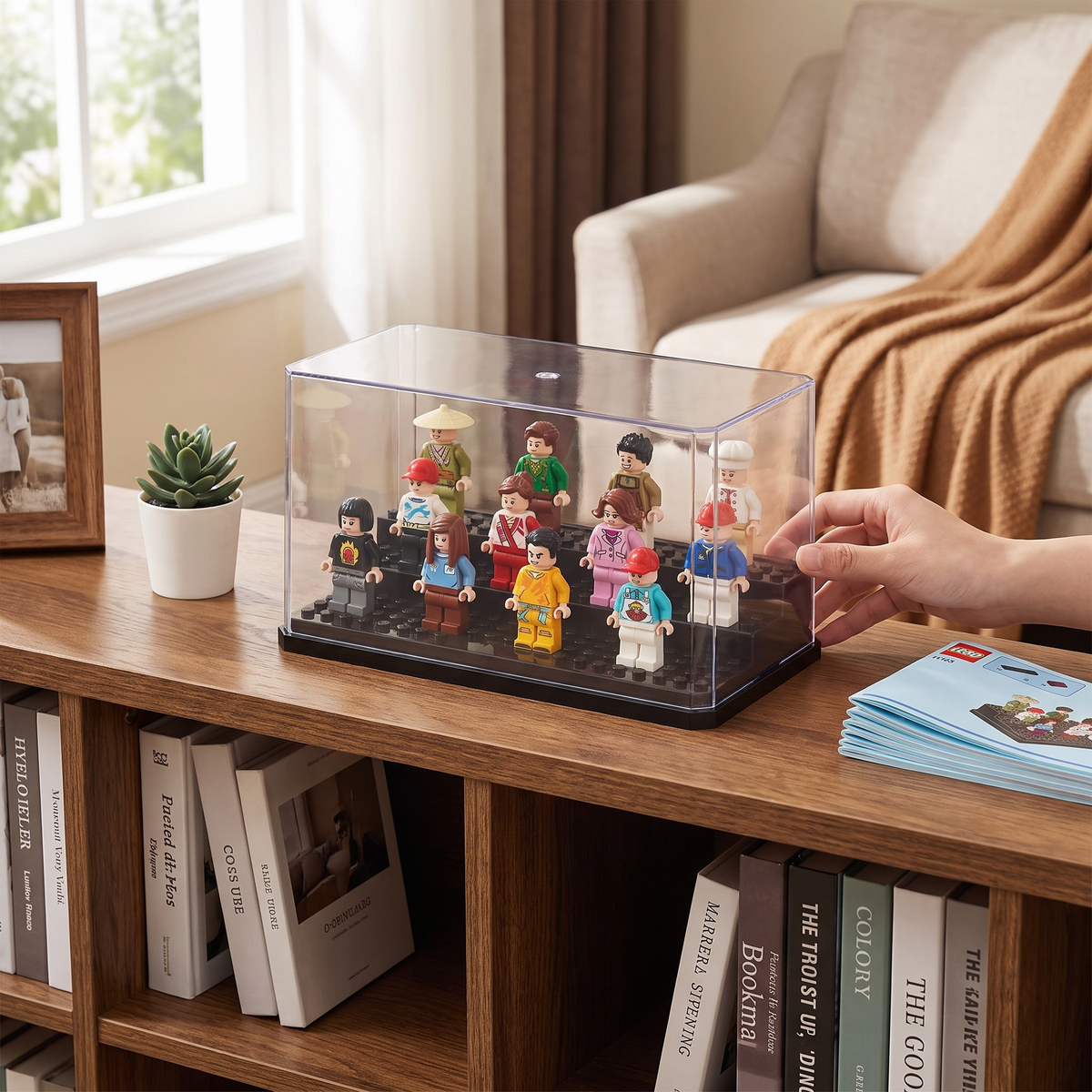 Acrylic minifigures display case in use