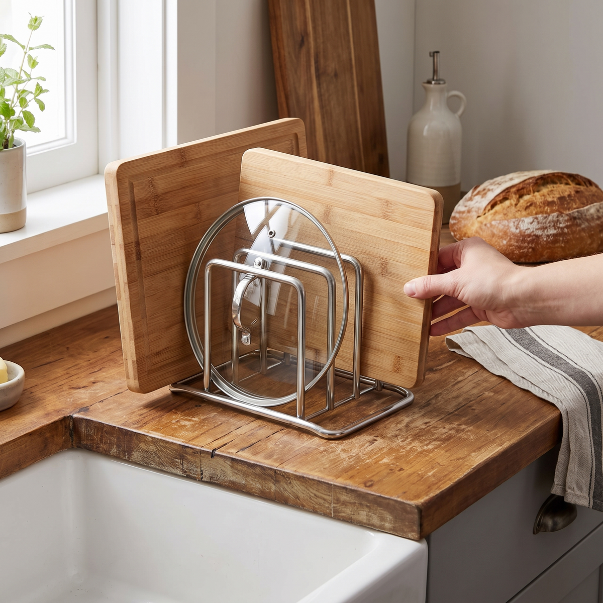 Stainless steel cutting board holder in use