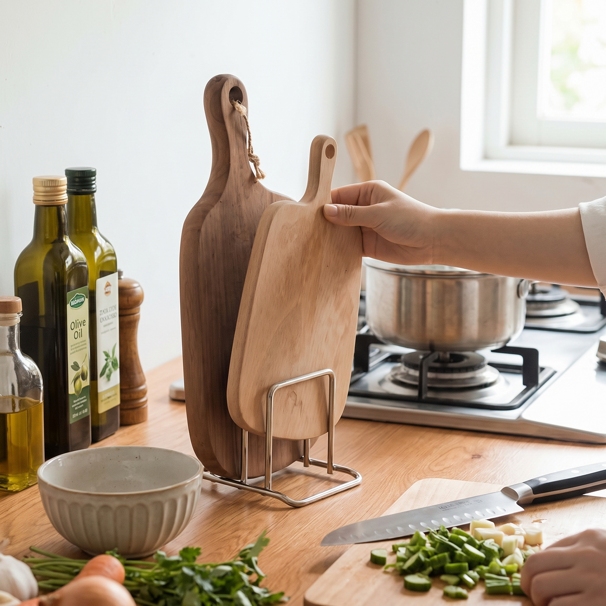 Stainless steel cutting board holder in use