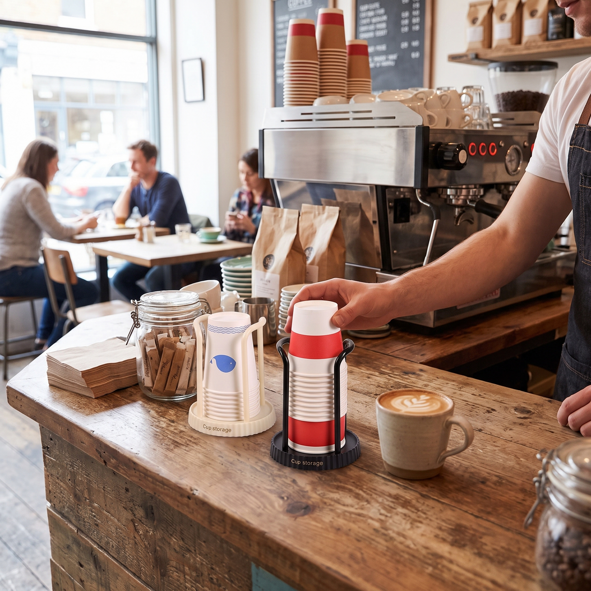 Disposable paper cup holder in use