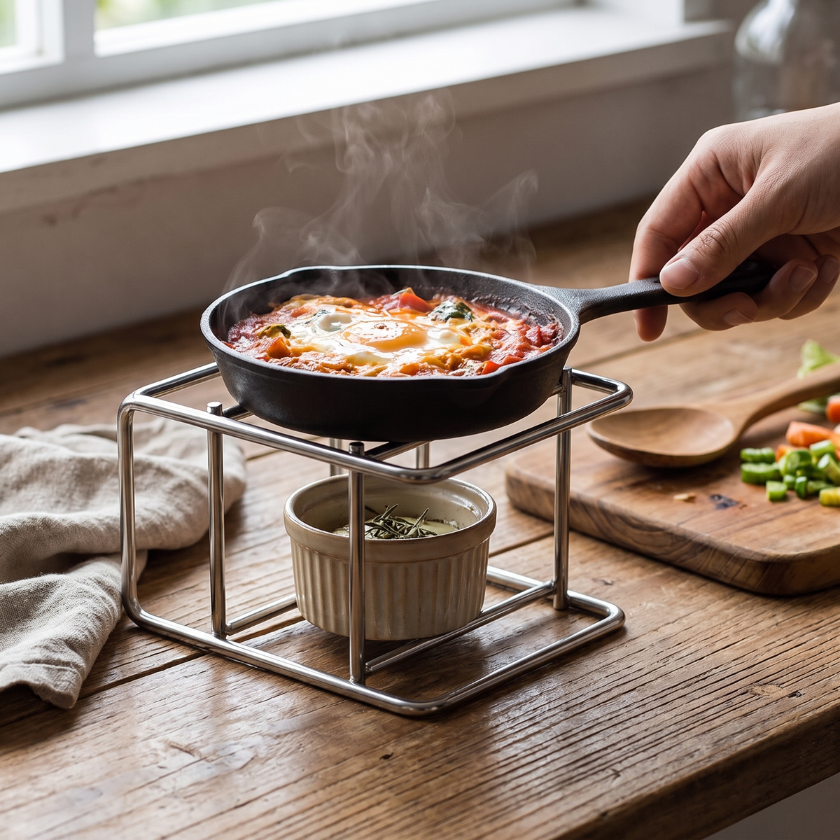Stainless steel cutting board holder in use