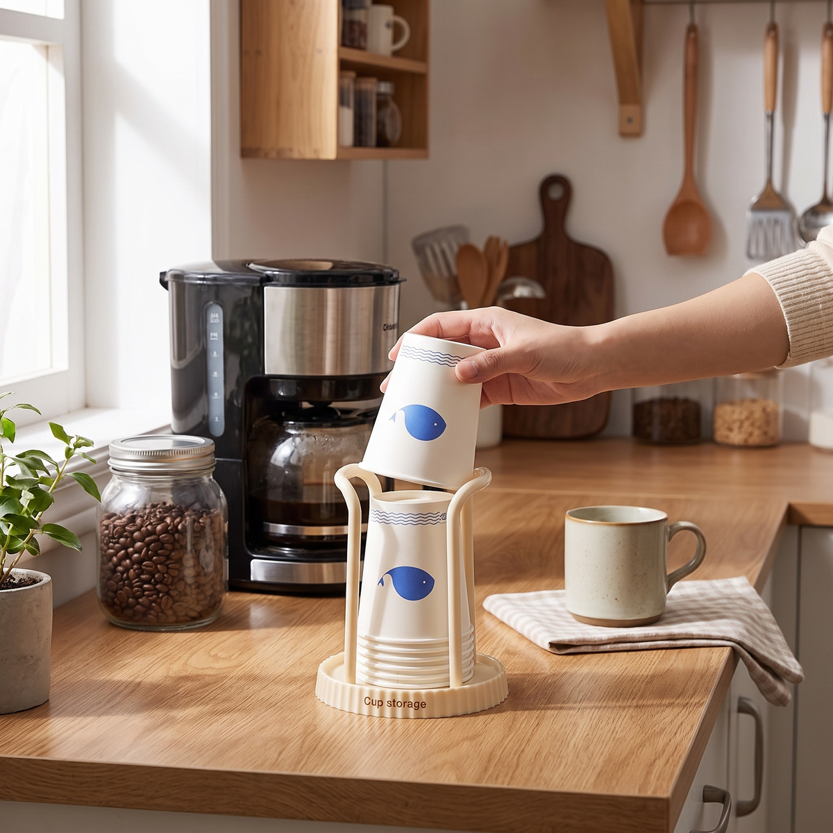 Disposable paper cup holder in use