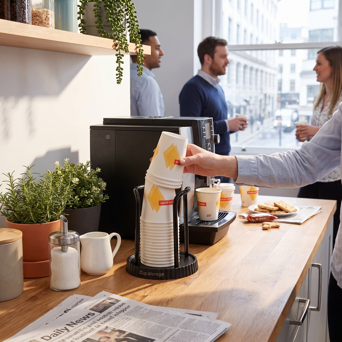 Disposable paper cup holder in use