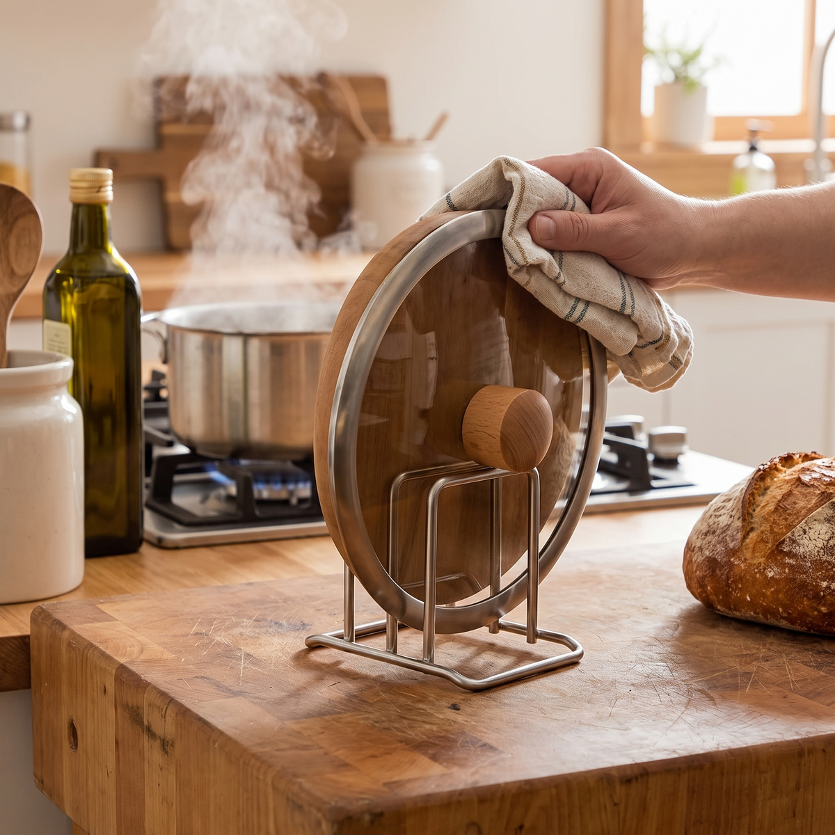 Stainless steel cutting board holder in use