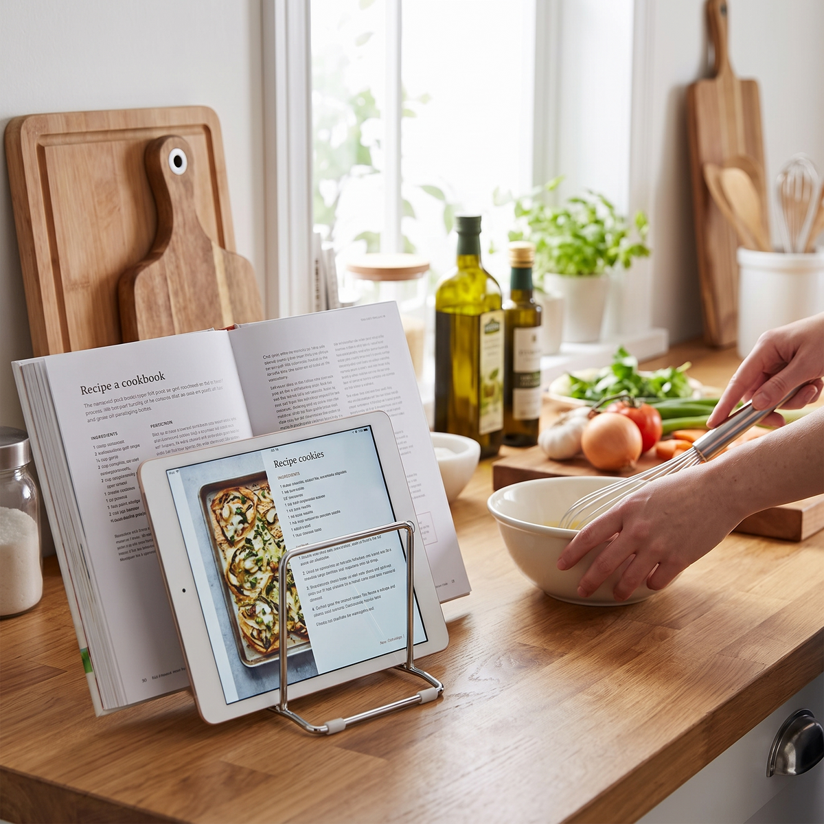 Stainless steel cutting board holder in use